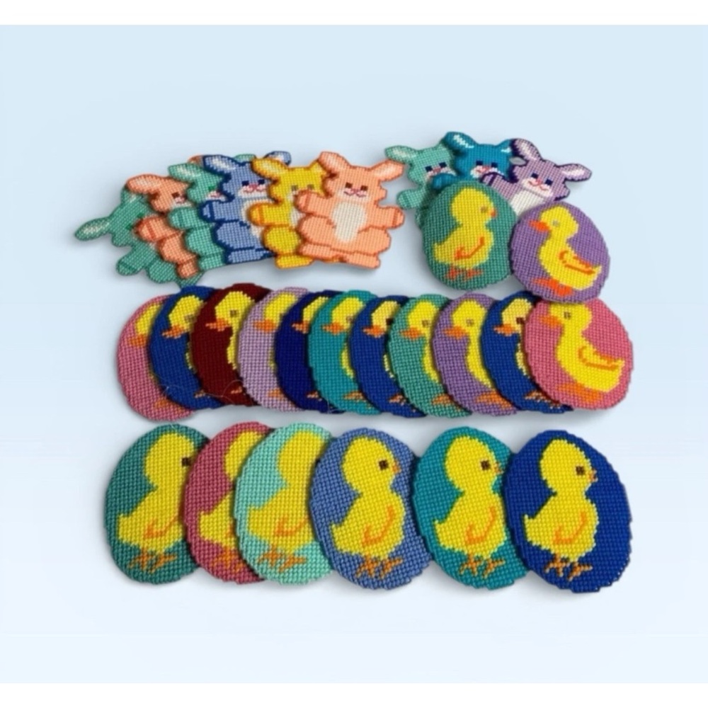 Needlepoint Easter Chicks Ducks Egg & Bunnies Hanging Plastic Canvas Vintage